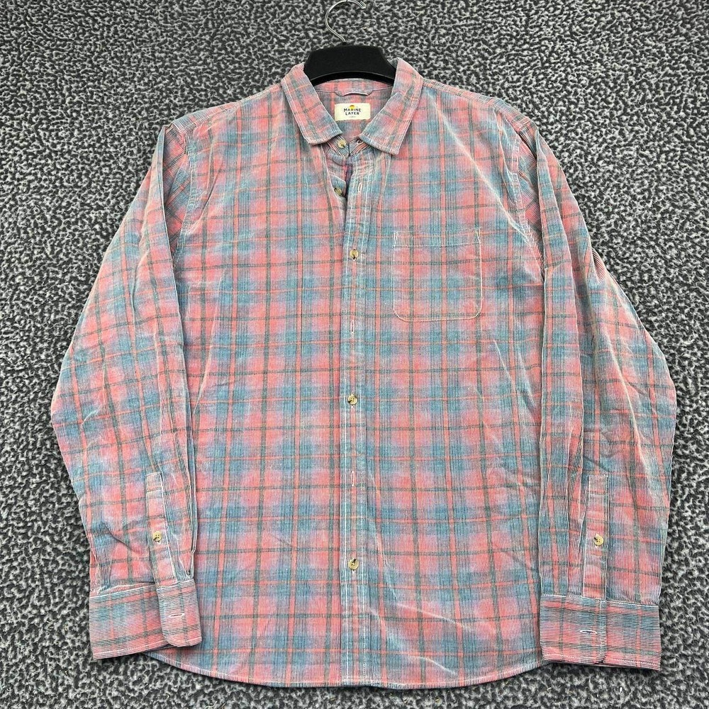 Marine Layer Button Up Shirt Men Large Corduroy Blue Pink Plaid Long Sleeve L